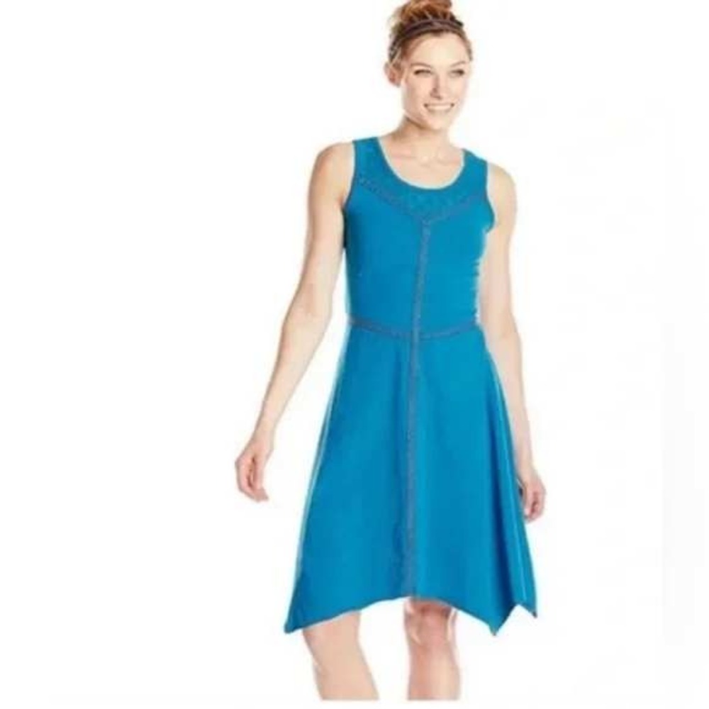 prAna Trixie Dress Womens Medium Blue Boho Lace Handkerchief Hem Hippie Festival
